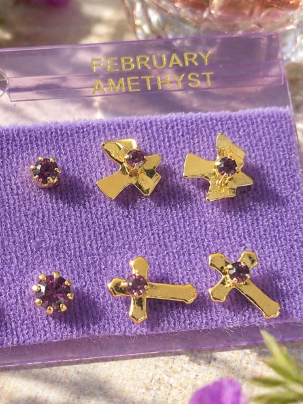 Set Of 6 Pairs  February Gold Earrings With Amethist Stones Cross Stars Flowers - Picture 3 of 4